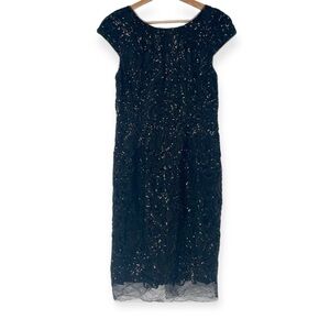 Vera Wang Dress Black Sequin Cap Sleeve V-Back Sheer Hem Cocktail Dress‎ Size 6